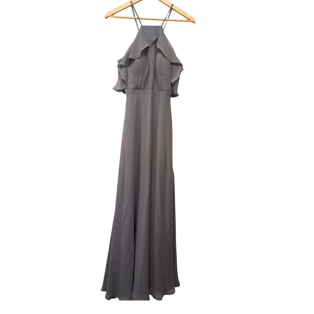 Birdy Grey‎ Jules Chiffon Gray Ruffle Halter Neck Floor Length Bridesmaid Formal